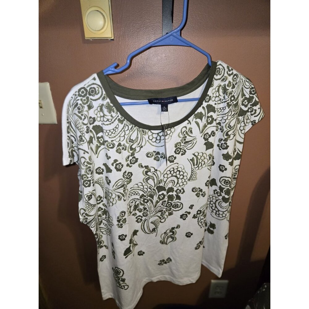 Tommy Hilfiger White Olive Green ombre Print Short Sleeve T-Shirt XL